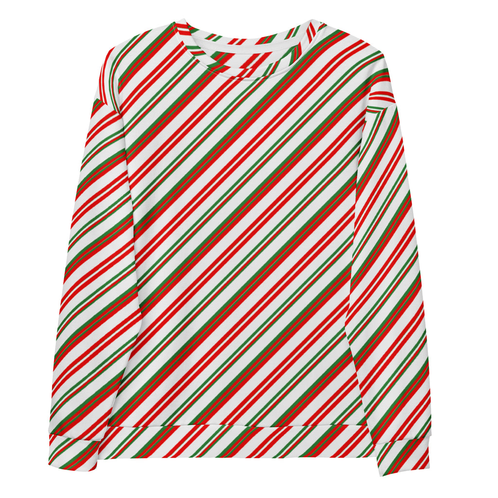A festive long-sleeved candy cane stripe sweatshirt with red green white diagonal stripes and brushed inner fleece fabric