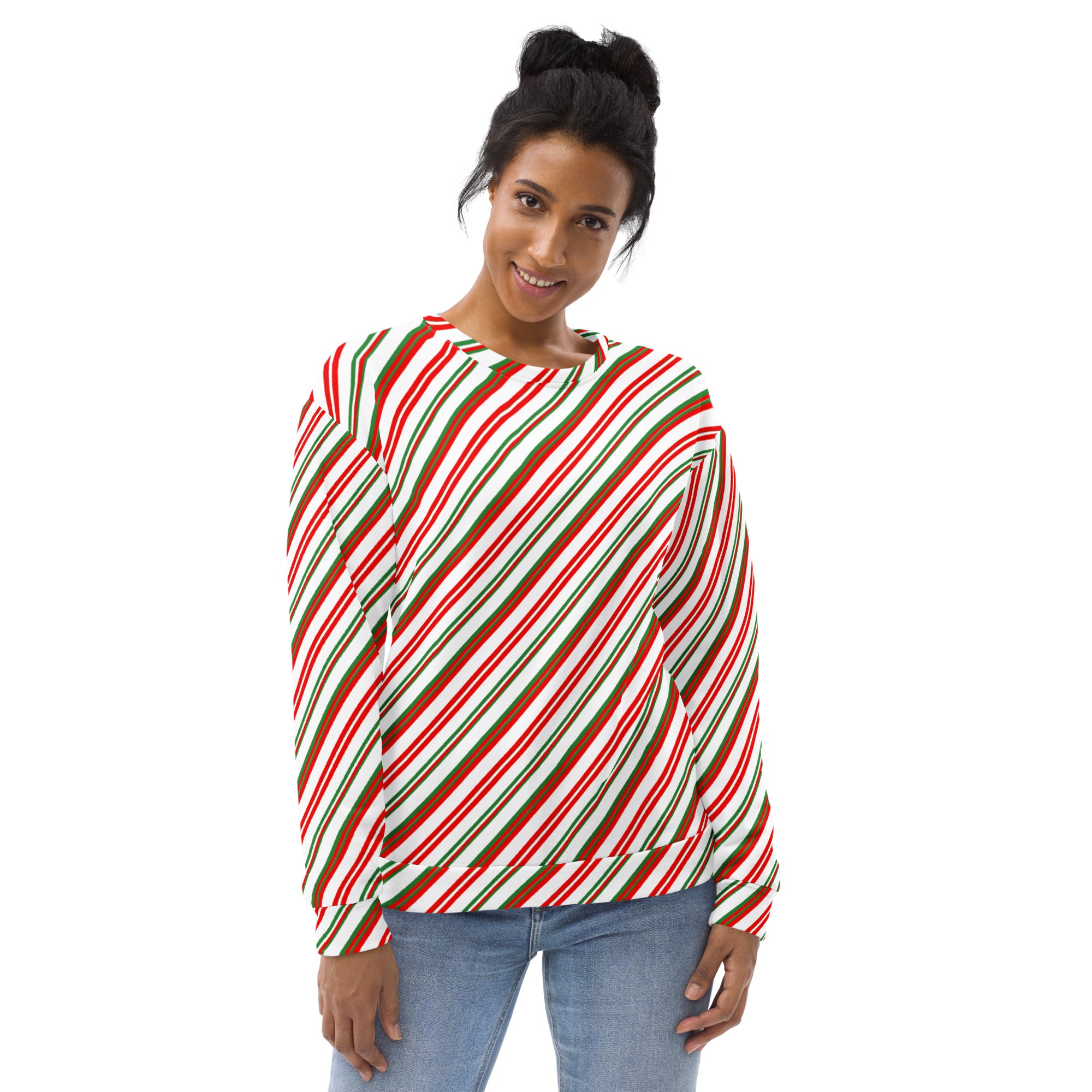 A cozy candy cane stripe sweatshirt with diagonal red green and white stripes and brushed inner fleece fabric