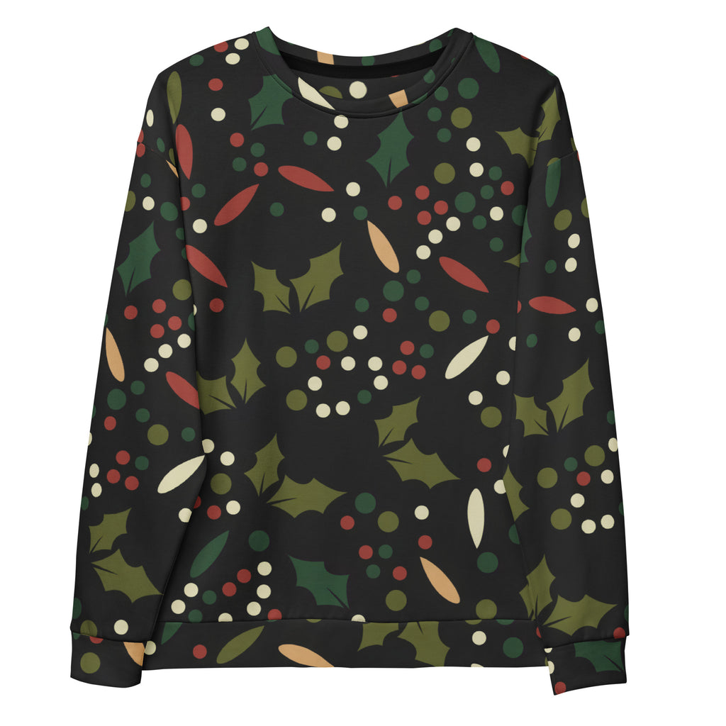 Black long-sleeved floral christmas sweatshirt with green holly pattern and brushed inner fleece fabric