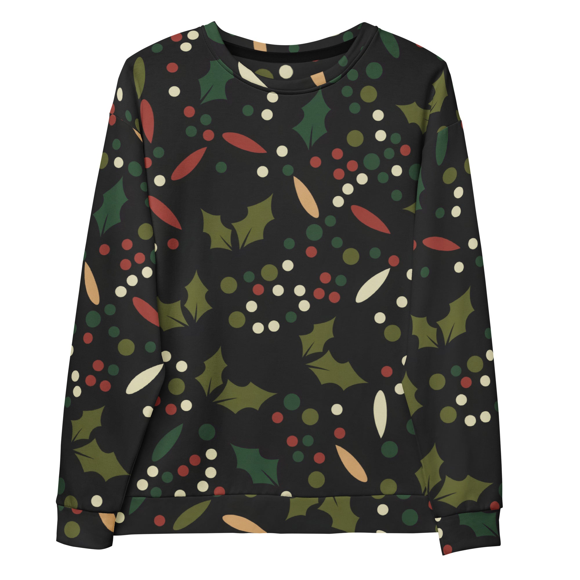 Black long-sleeved floral christmas sweatshirt with green holly pattern and brushed inner fleece fabric