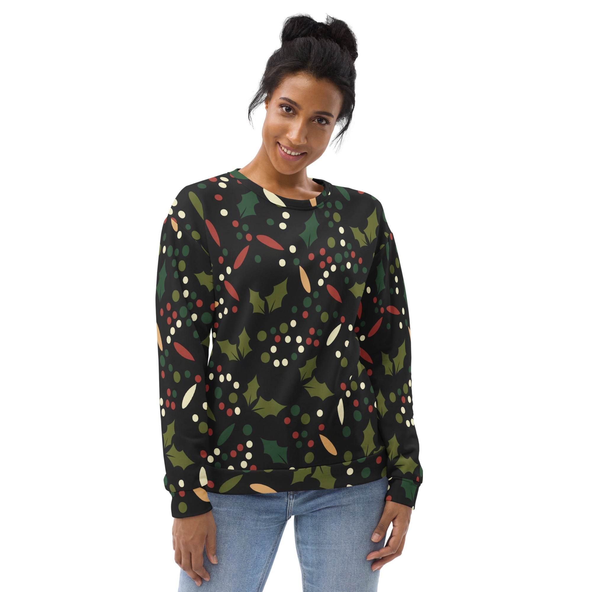 Black floral christmas sweatshirt with green holly leaves red berries white dots and brushed inner fleece fabric
