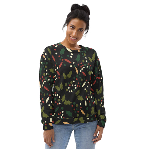 Black floral christmas sweatshirt with green holly leaves red berries white dots and brushed inner fleece fabric
