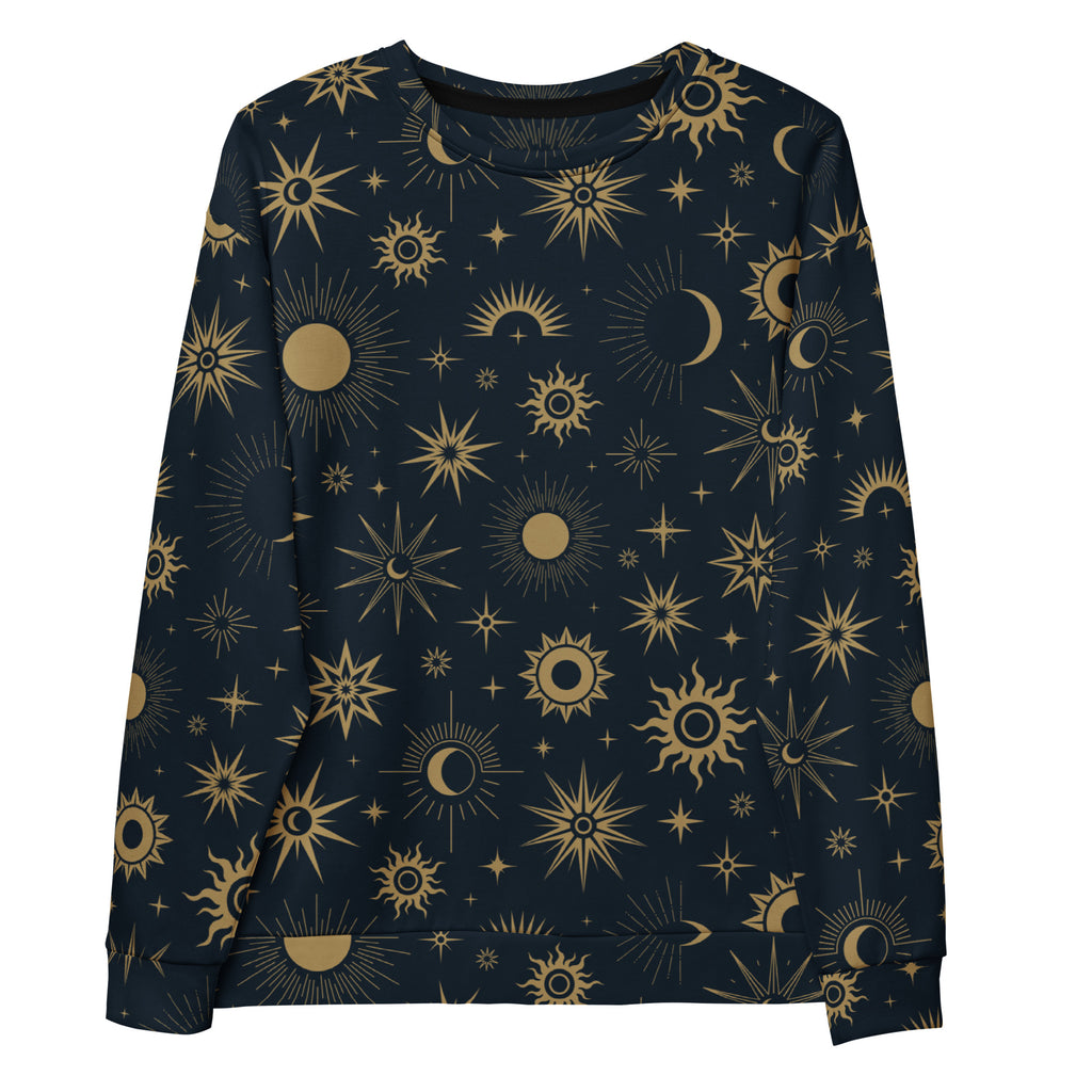 A navy blue long-sleeved celestial sun and moon sweatshirt with gold patterns and brushed inner fleece fabric