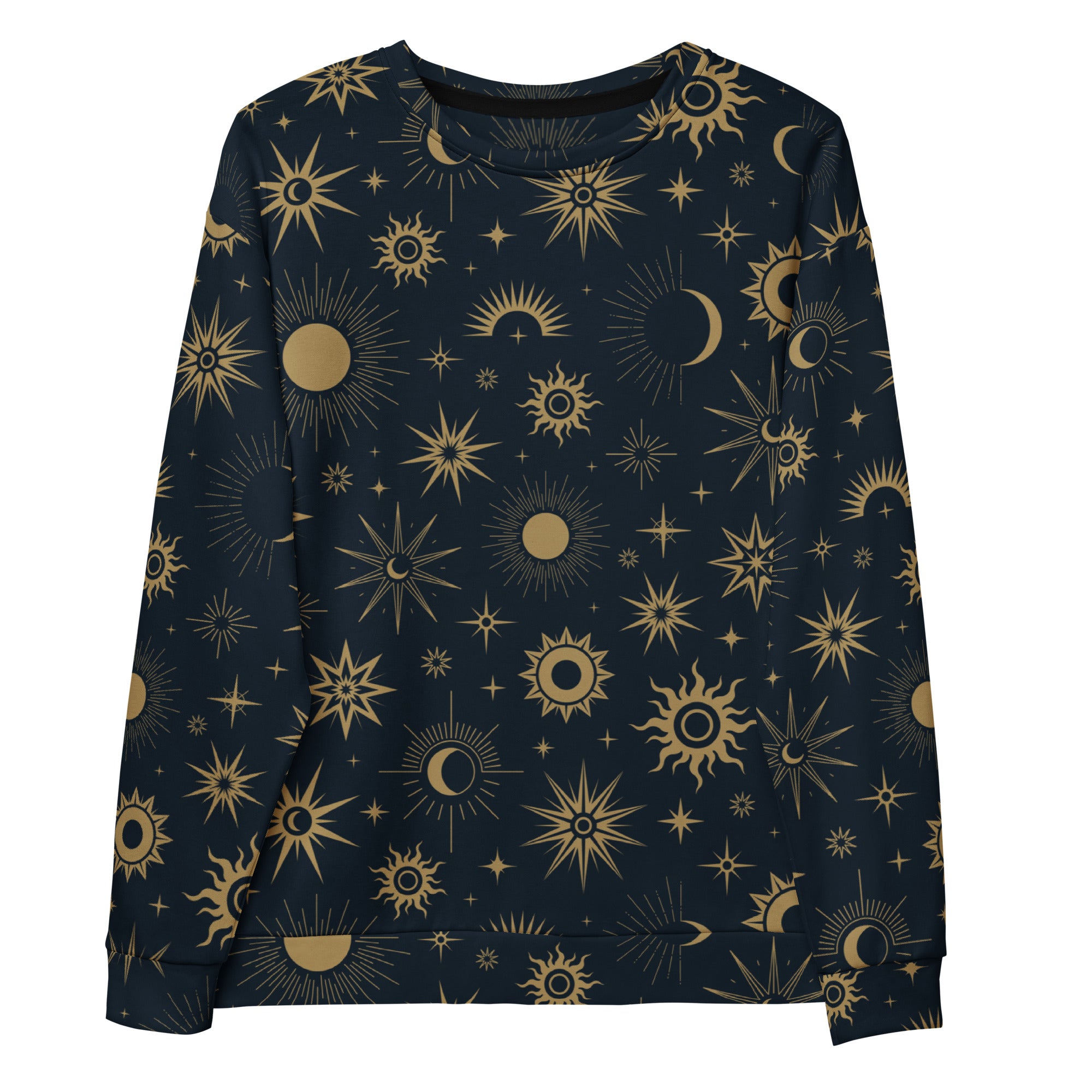 A navy blue long-sleeved celestial sun and moon sweatshirt with gold patterns and brushed inner fleece fabric