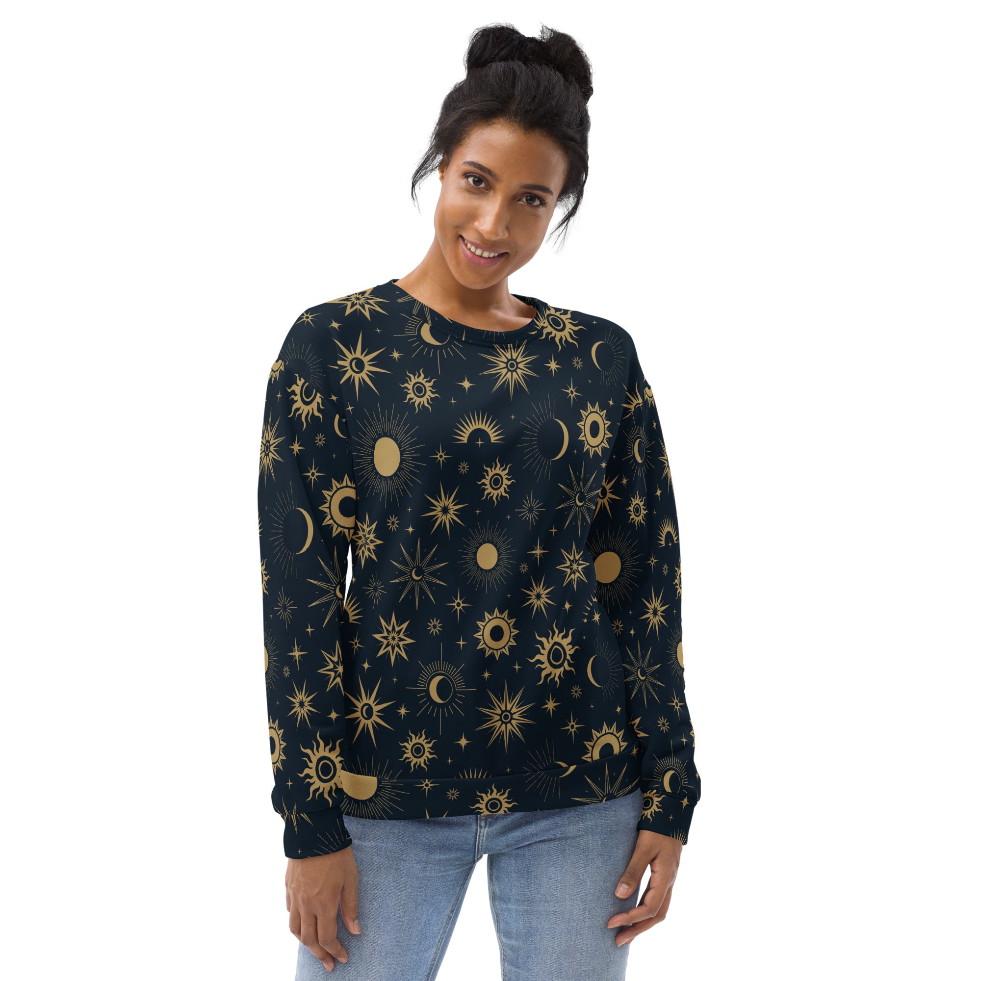 A dark navy celestial sun and moon sweatshirt with vibrant gold pattern and brushed inner fleece fabric