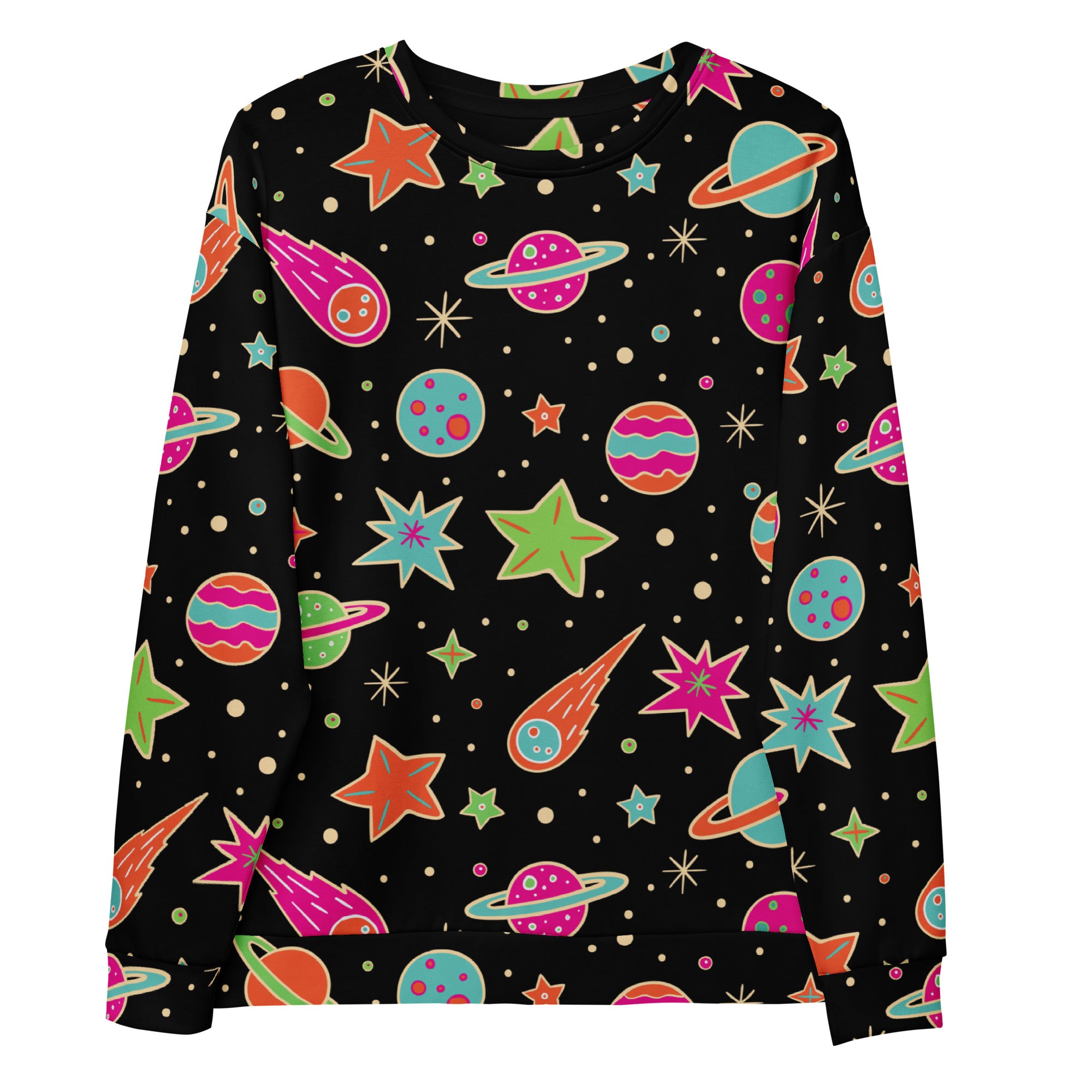 Black long-sleeved retro neon space sweatshirt with vibrant planet print and brushed inner fleece fabric
