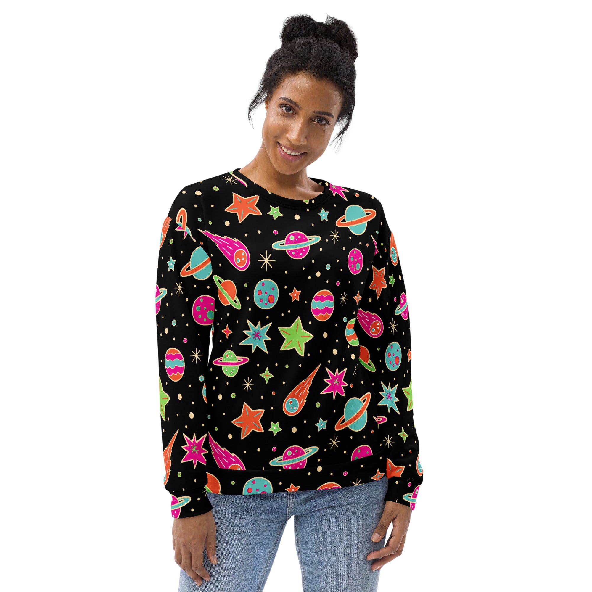 Black long-sleeved sweatshirt with vibrant retro neon space pattern and brushed inner fleece fabric for warmth