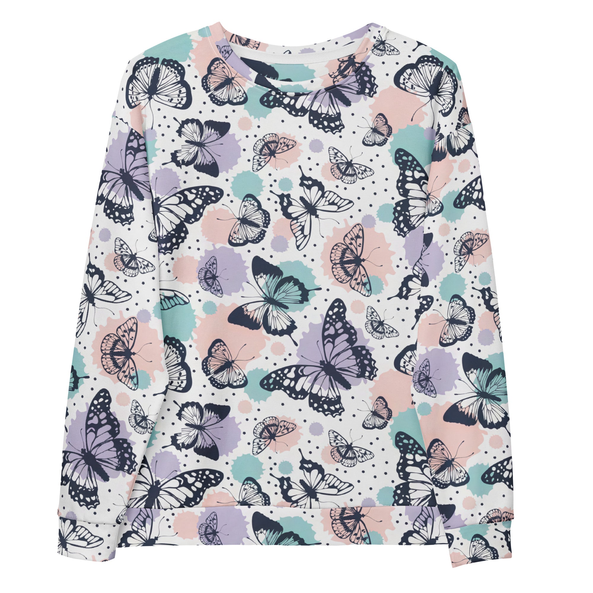 A soft long-sleeved butterfly sweatshirt with brushed inner fleece and pastel mint green lavender blush pink splotches