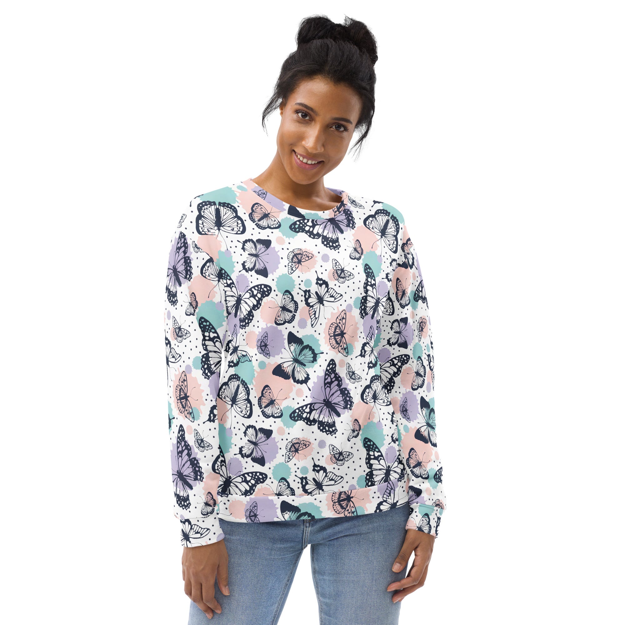 A soft long-sleeved butterfly sweatshirt with brushed inner fleece fabric and pastel patterns on white background