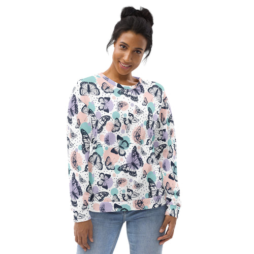 A soft long-sleeved butterfly sweatshirt with brushed inner fleece fabric and pastel patterns on white background