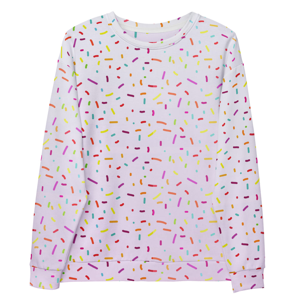 A white long-sleeved sweatshirt with multicolored rainbow ice cream sprinkles and brushed inner fleece fabric