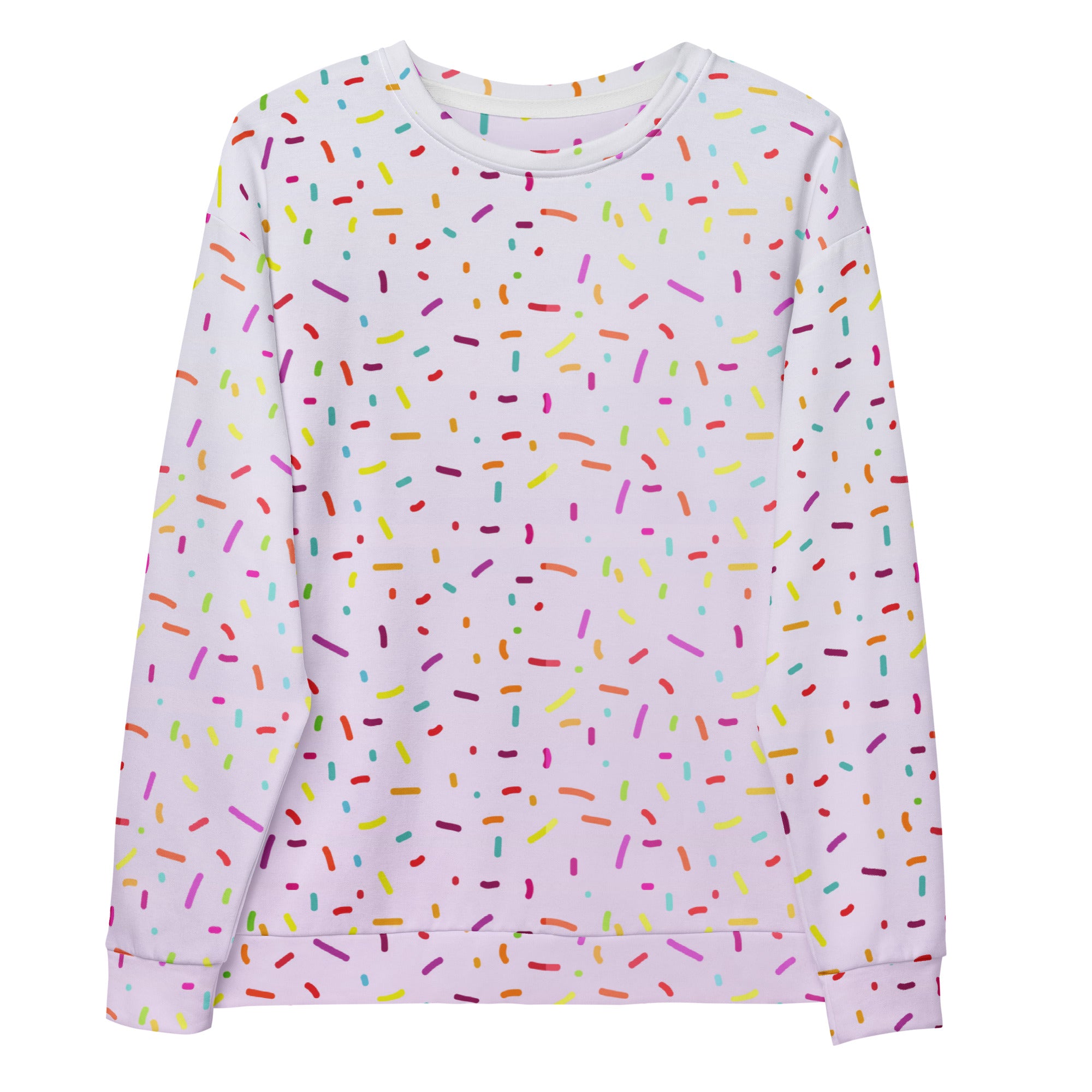 A white long-sleeved sweatshirt with multicolored rainbow ice cream sprinkles and brushed inner fleece fabric
