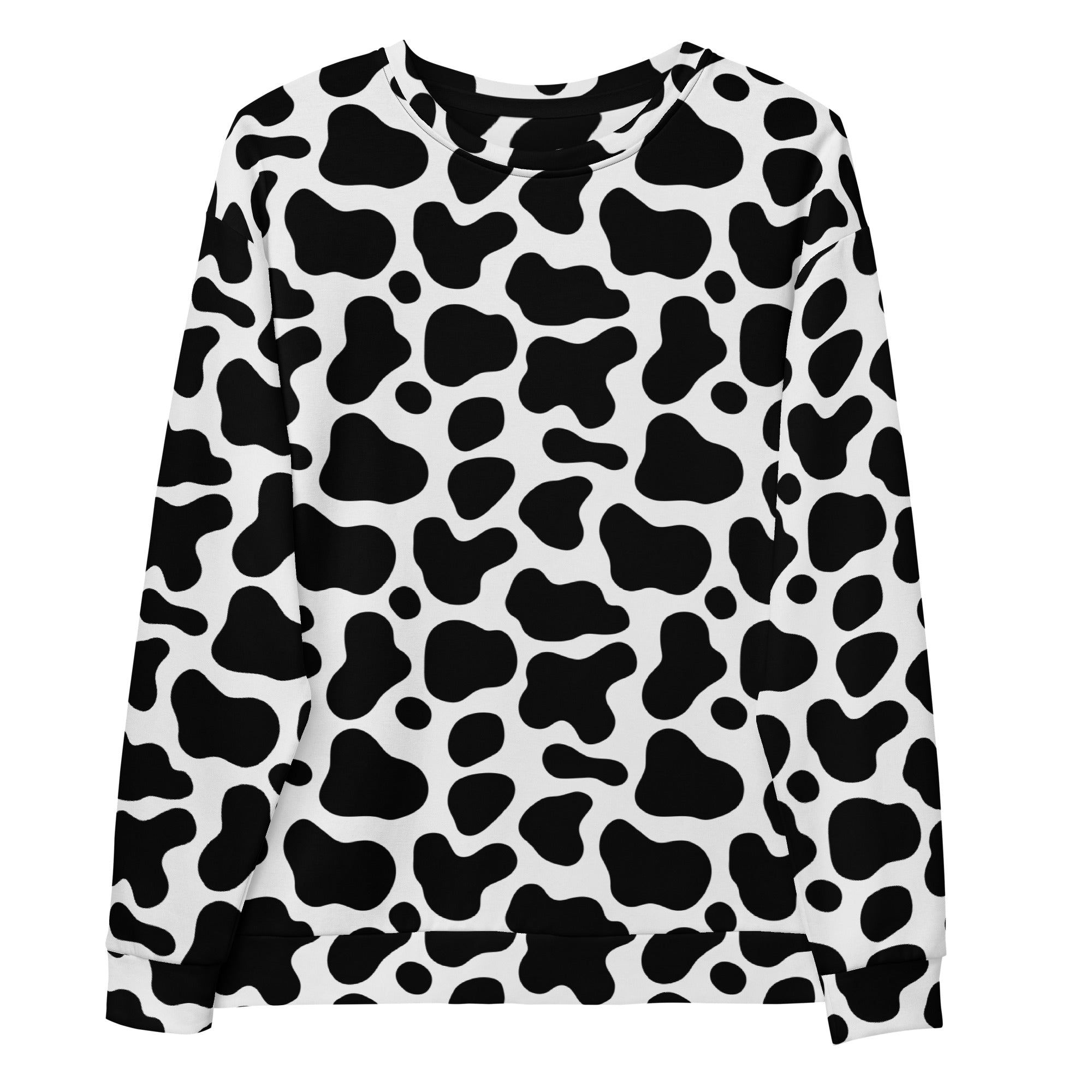 Black and white cow print long-sleeved sweatshirt with brushed inner fleece fabric for warmth and comfort