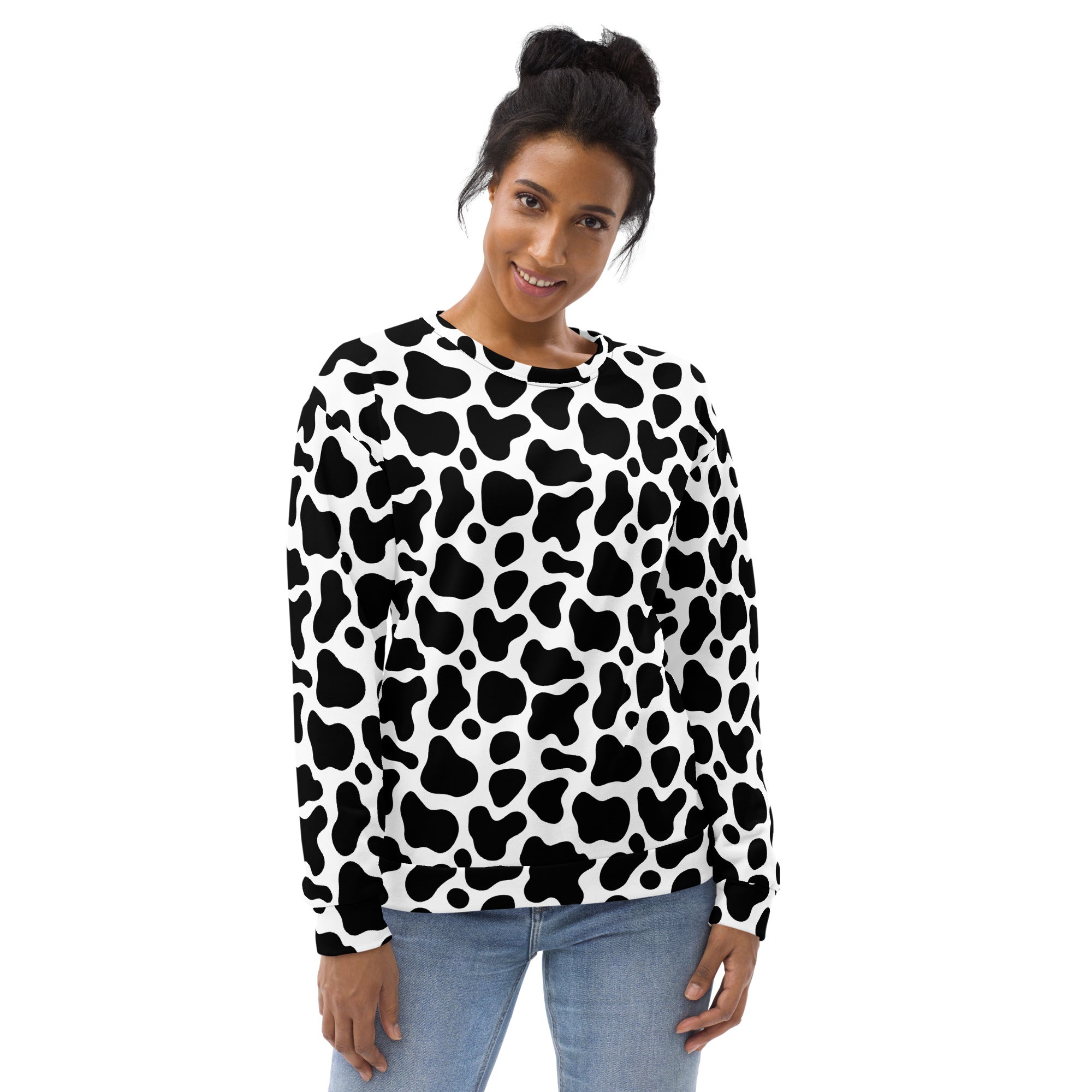 Black and white cow print sweatshirt with brushed inner fleece fabric long-sleeved for cozy wear