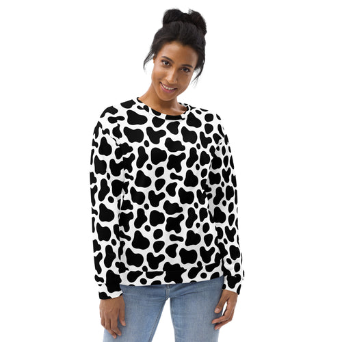 Black and white cow print sweatshirt with brushed inner fleece fabric long-sleeved for cozy wear