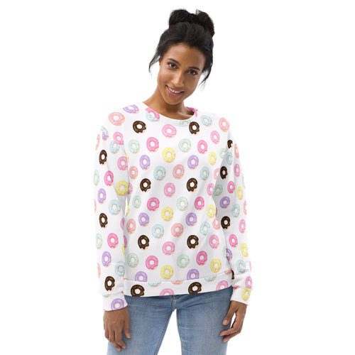 White long-sleeved sweatshirt with pastel and chocolate donut pattern and brushed inner fleece fabric for warmth