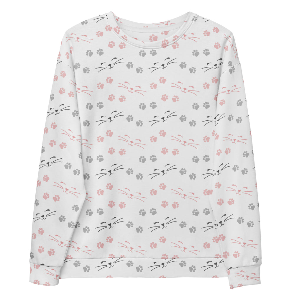 White long-sleeved sweatshirt with pink and gray cat faces and paw prints featuring brushed inner fleece fabric