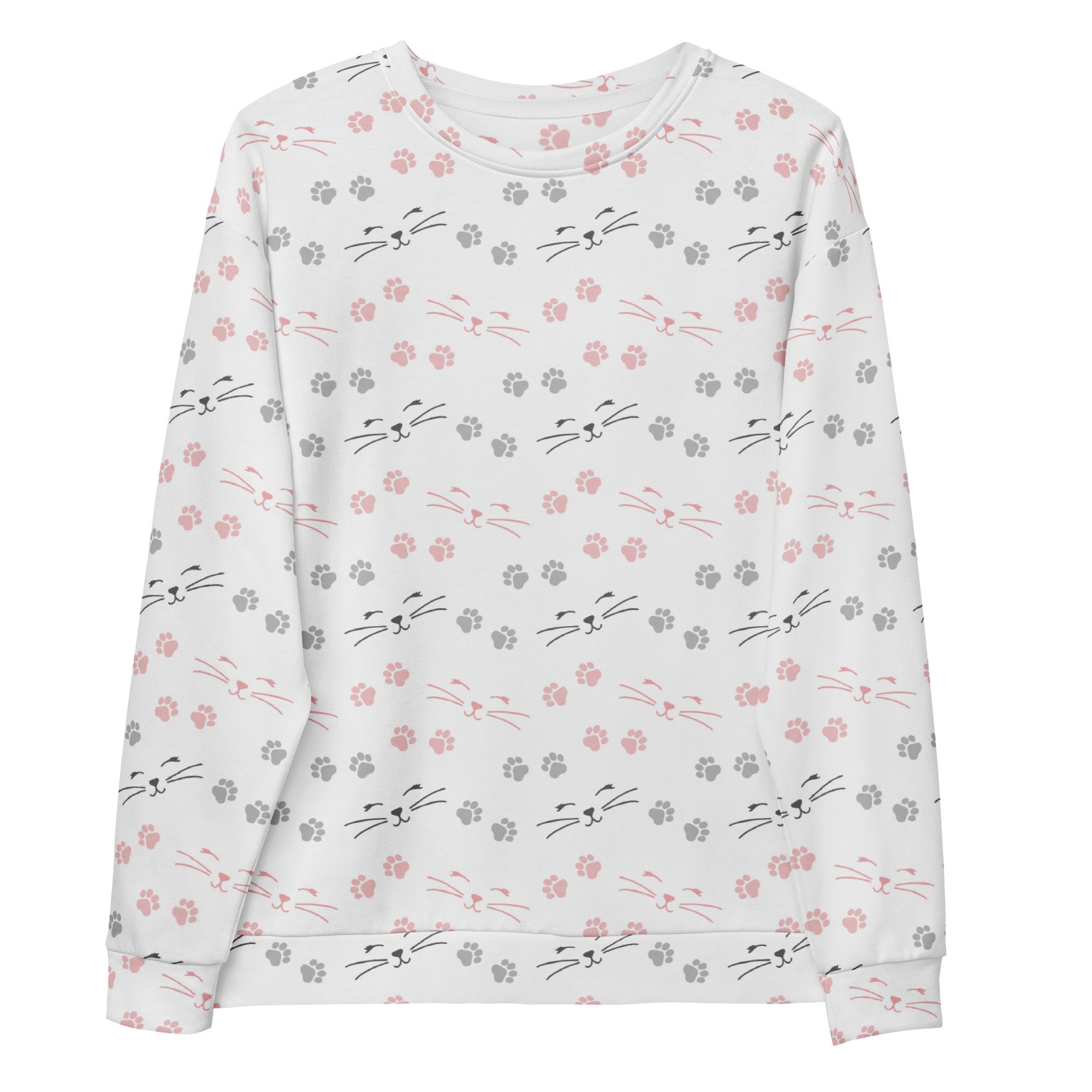 White long-sleeved sweatshirt with pink and gray cat faces and paw prints featuring brushed inner fleece fabric