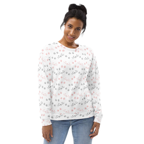 White long-sleeved sweatshirt with pink and gray cat faces and paw prints featuring brushed inner fleece fabric