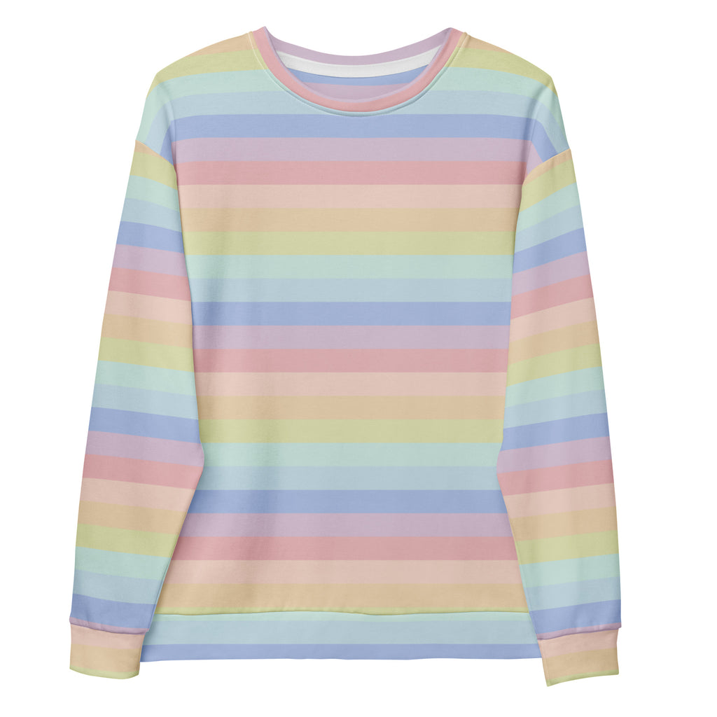 Pastel rainbow-striped long-sleeve sweatshirt with soft cotton fabric and brushed inner fleece for warmth