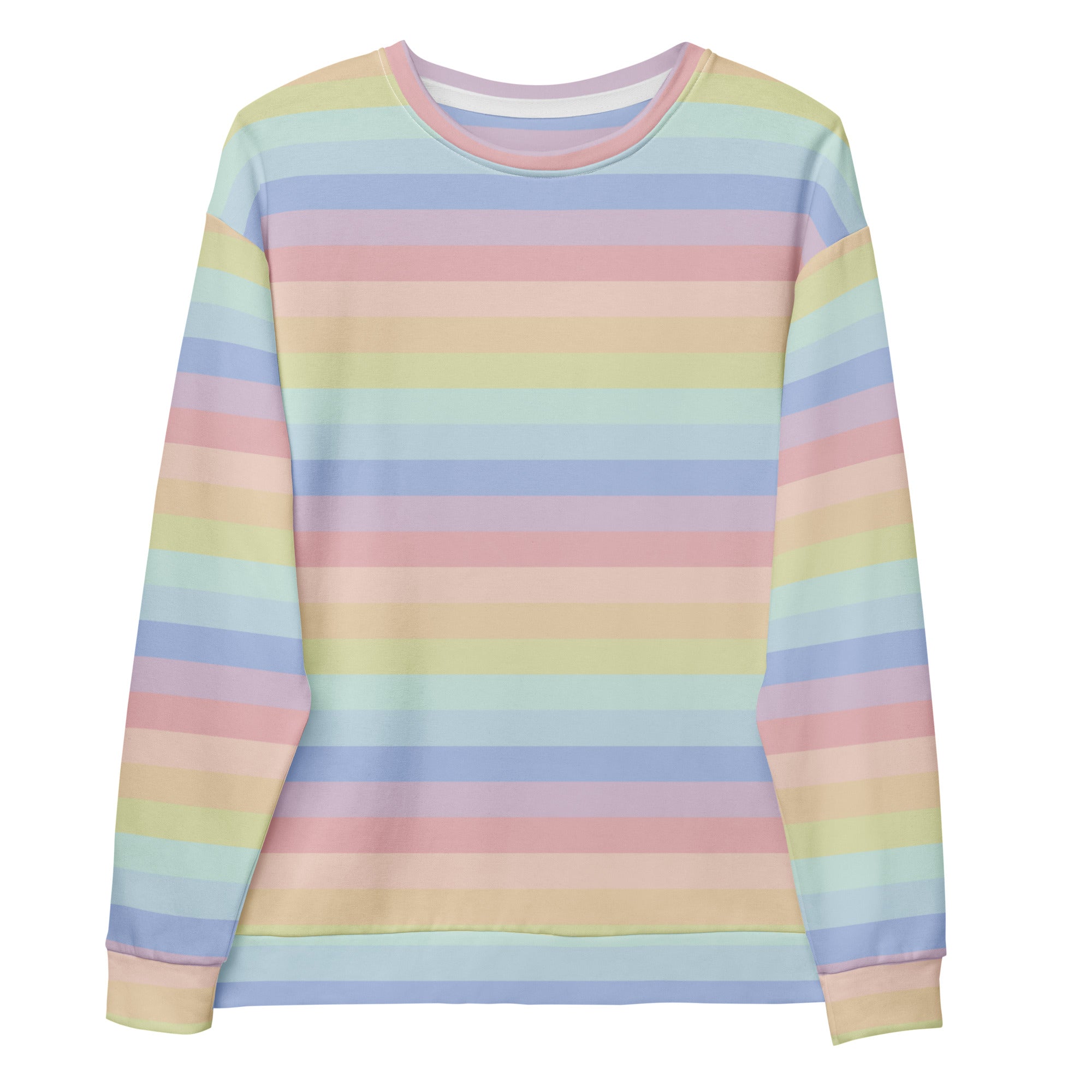 Pastel rainbow-striped long-sleeve sweatshirt with soft cotton fabric and brushed inner fleece for warmth