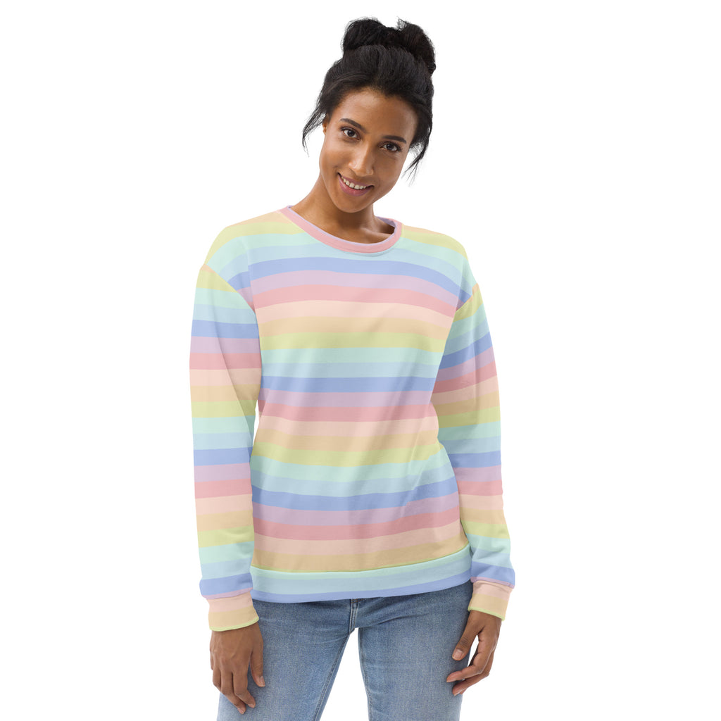 Pastel rainbow stripes sweatshirt with long sleeves ribbed cuffs soft cotton blend and brushed inner fleece fabric