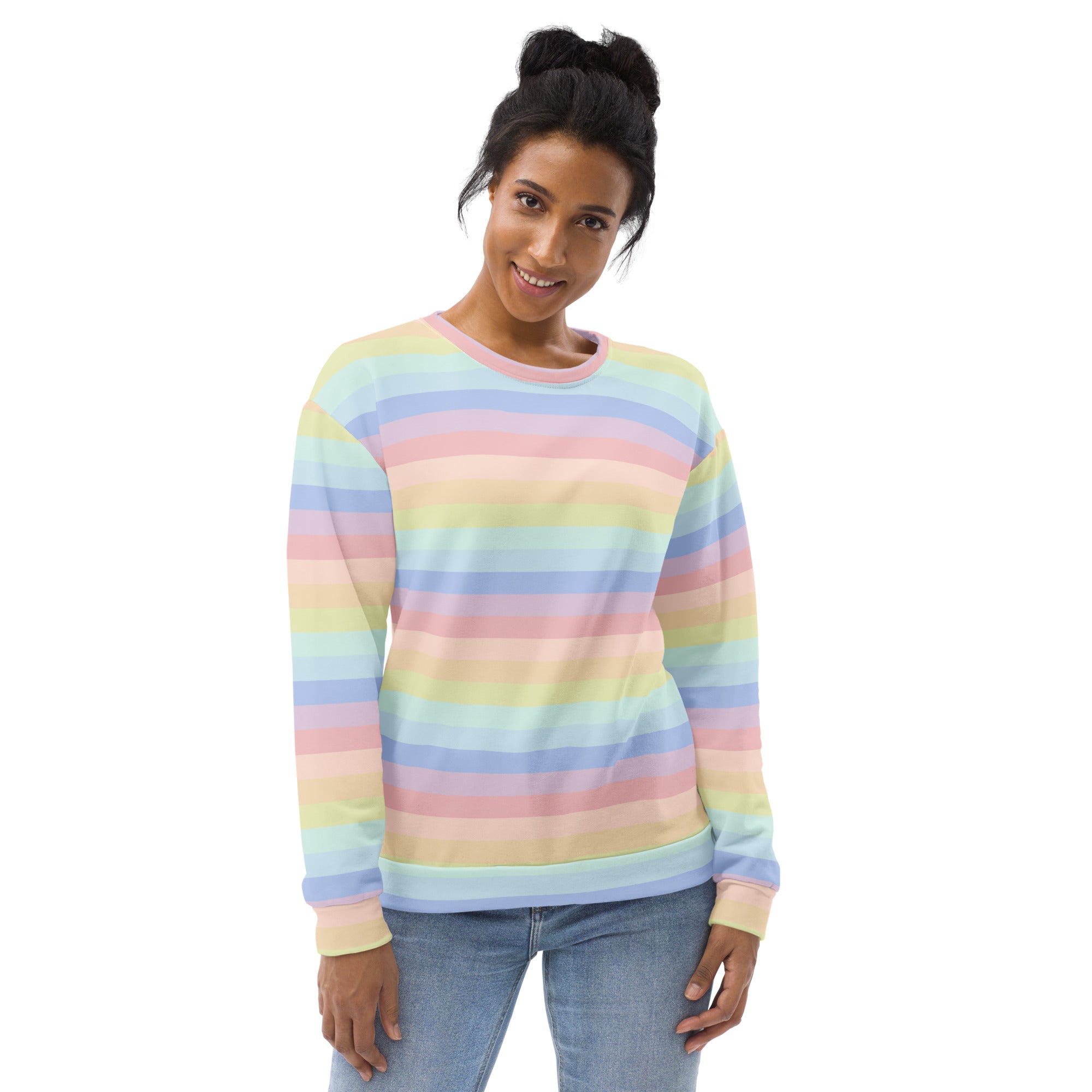 Pastel rainbow stripes sweatshirt with long sleeves ribbed cuffs soft cotton blend and brushed inner fleece fabric