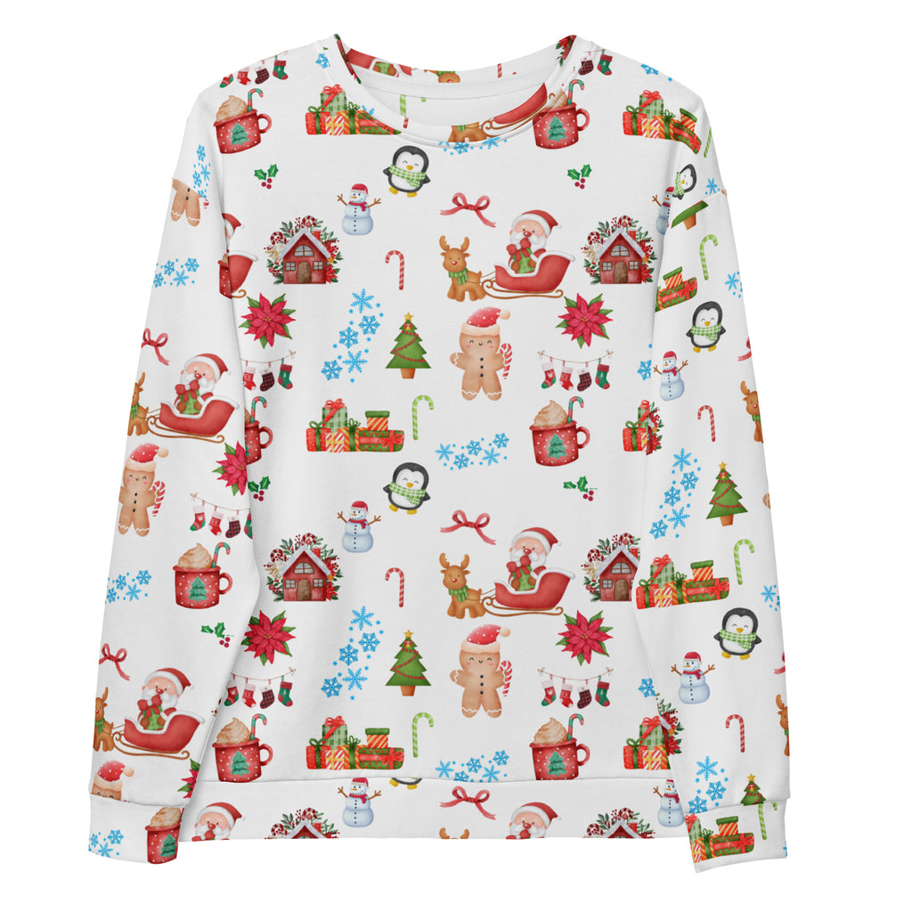 White long-sleeved christmas pattern sweatshirt with brushed inner fleece featuring festive santa and holiday illustrations
