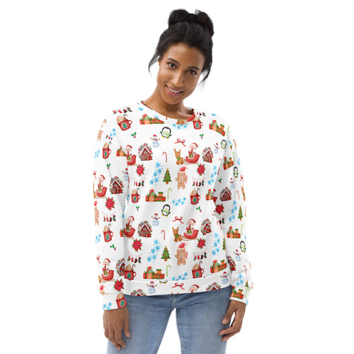 White christmas pattern sweatshirt with brushed inner fleece featuring festive snowmen, gingerbread men, sleighs, and presents