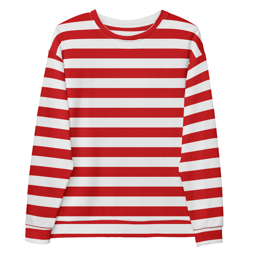 Red and white candy cane striped christmas sweatshirt with long sleeves crew neck and brushed inner fleece fabric