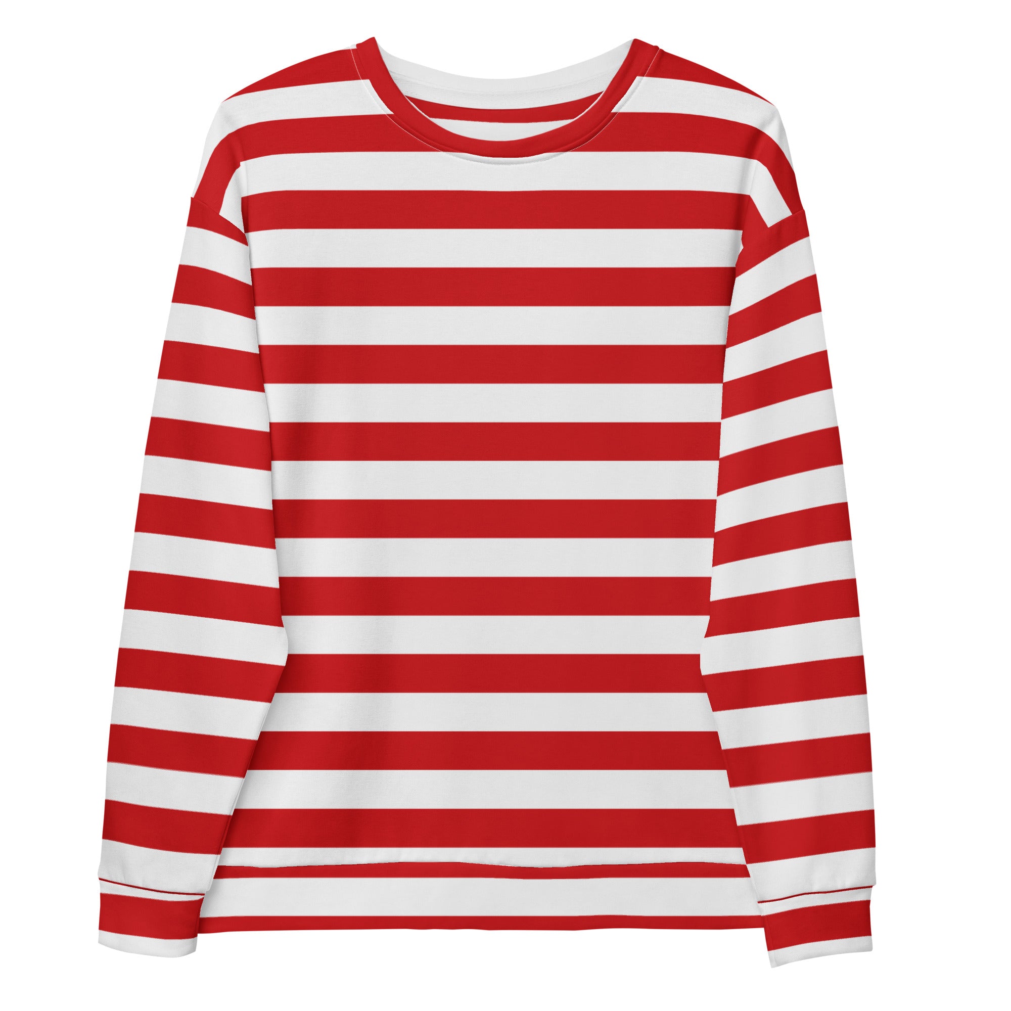 Red and white candy cane striped christmas sweatshirt with long sleeves crew neck and brushed inner fleece fabric