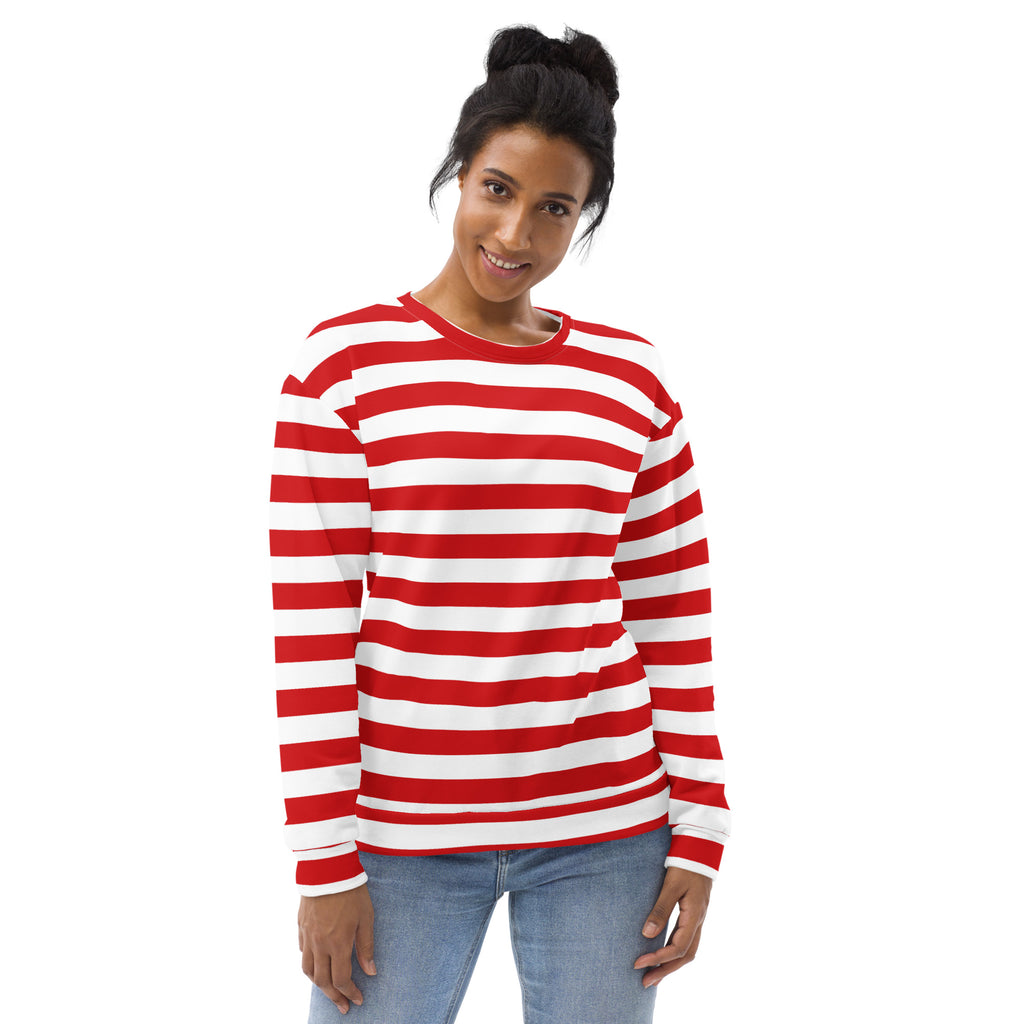Red and white candy cane striped christmas sweatshirt with long sleeves and brushed inner fleece fabric