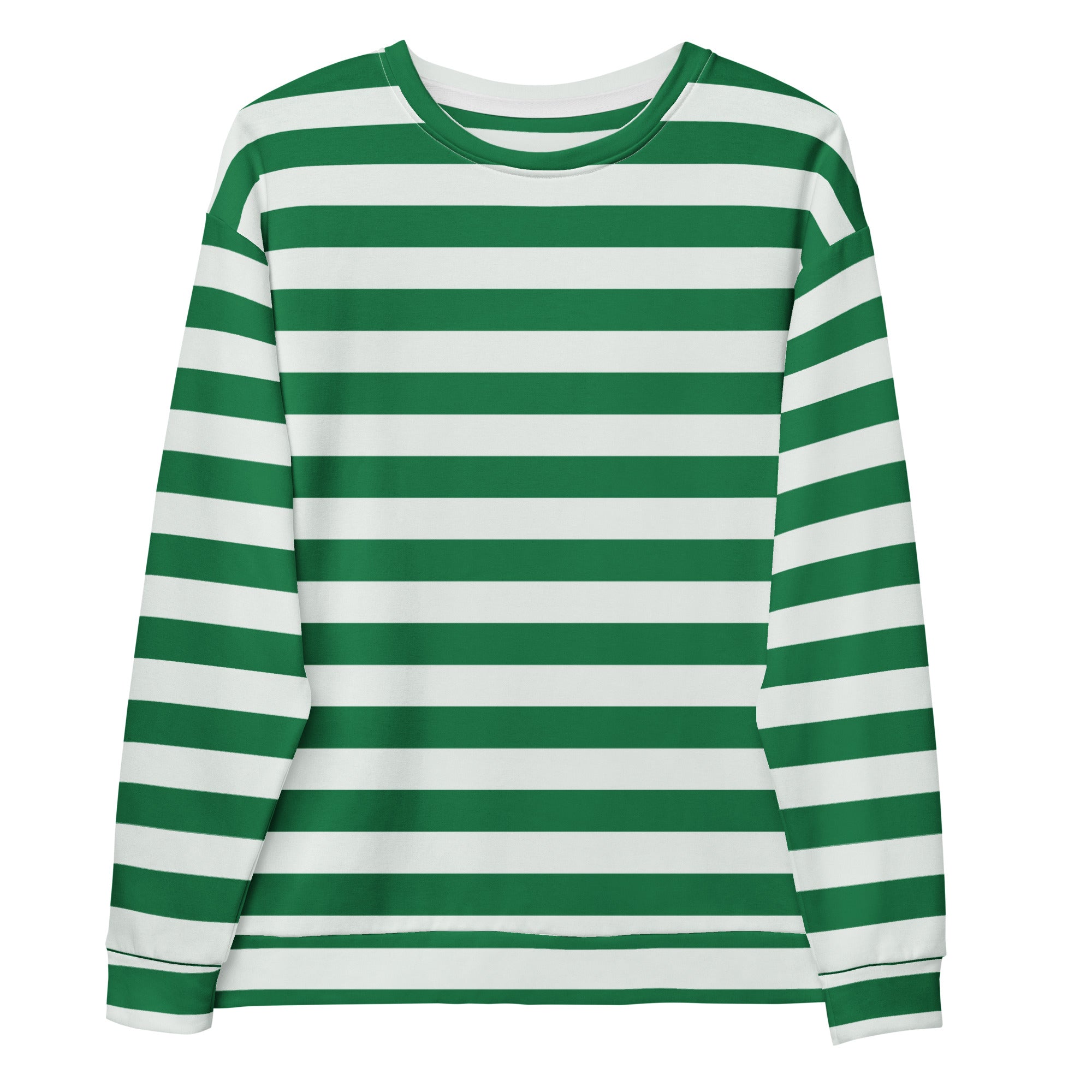 Green and white candy cane striped christmas sweatshirt with long sleeves crew neck and brushed inner fleece fabric
