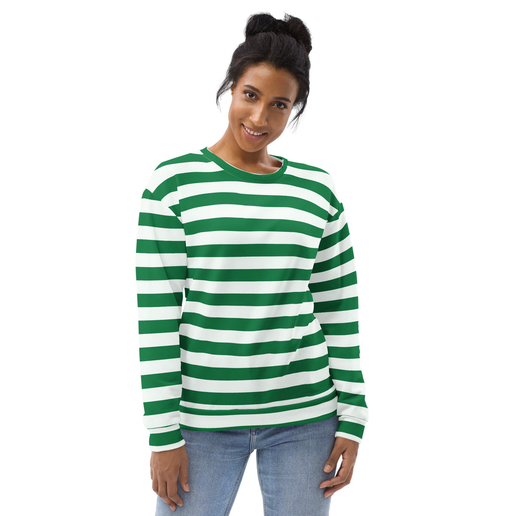 Green and white candy cane striped long-sleeved sweatshirt with brushed inner fleece fabric for Christmas wear