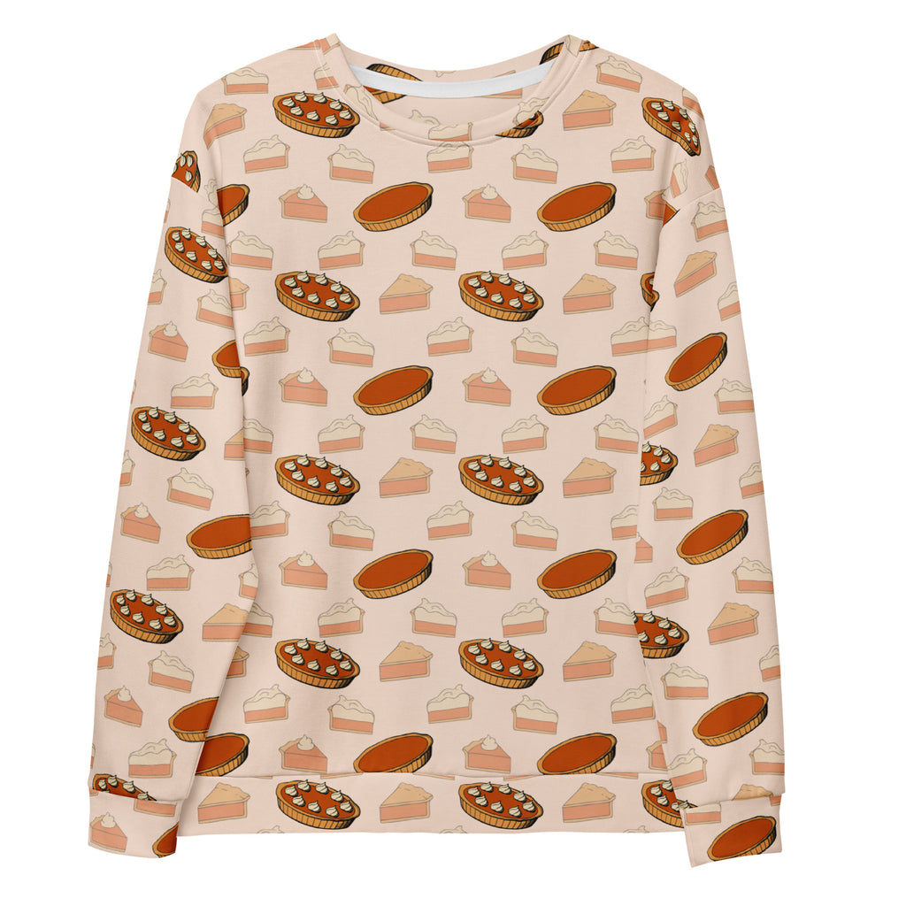 A soft peach long-sleeved sweatshirt with playful pumpkin pie print and brushed inner fleece for Thanksgiving
