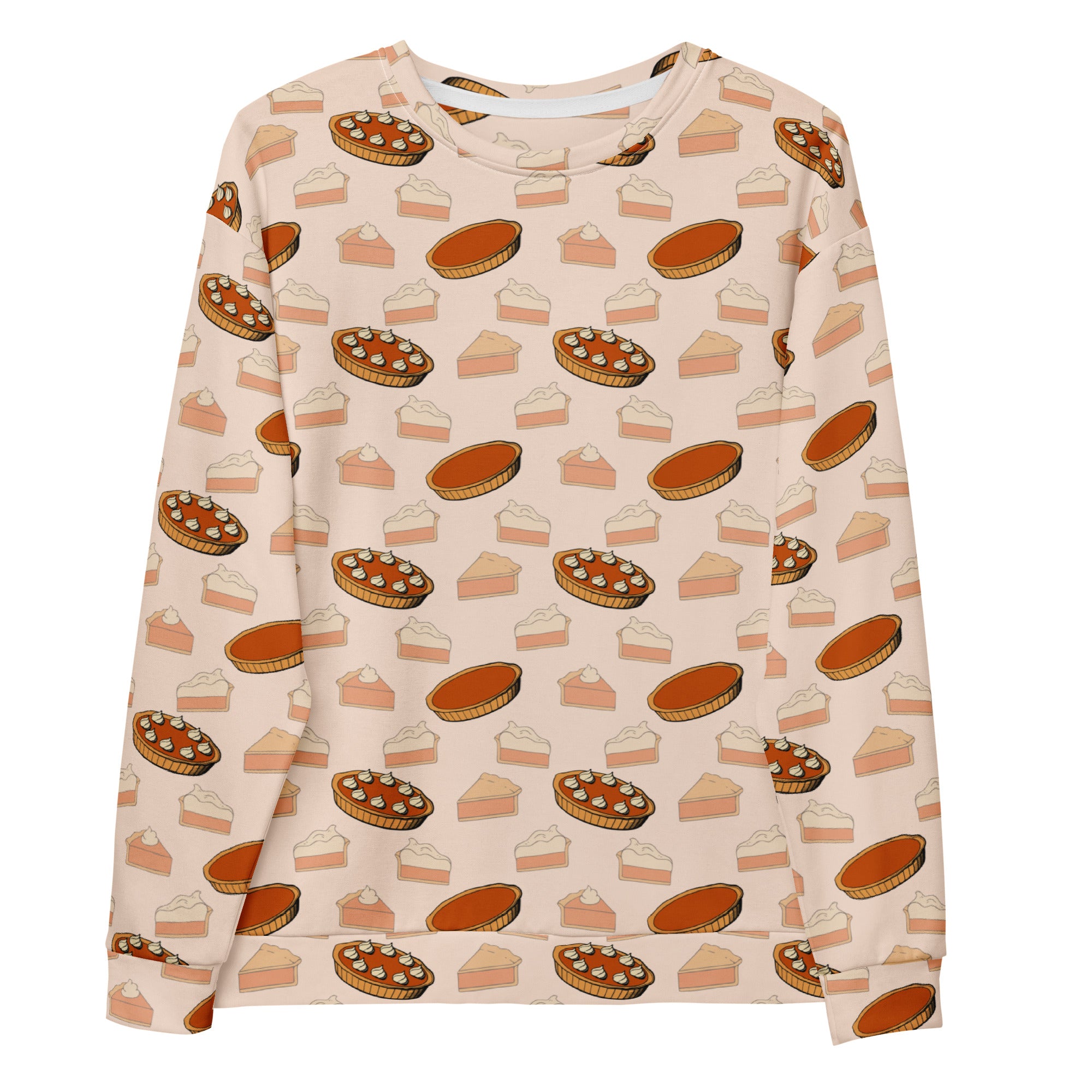 A soft peach long-sleeved sweatshirt with playful pumpkin pie print and brushed inner fleece for Thanksgiving