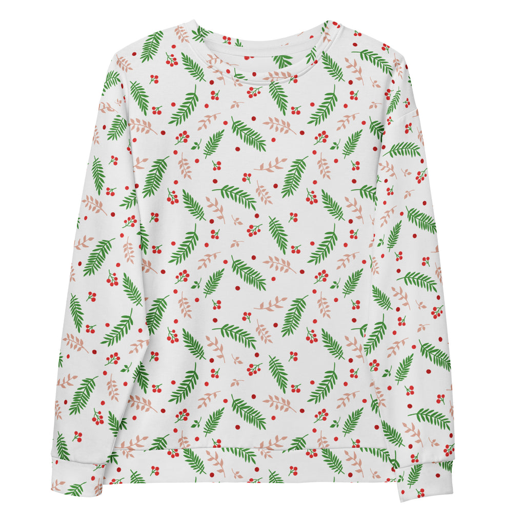 White long-sleeved holly berry christmas sweatshirt with green ferns pink leaves red berries and brushed inner fleece fabric