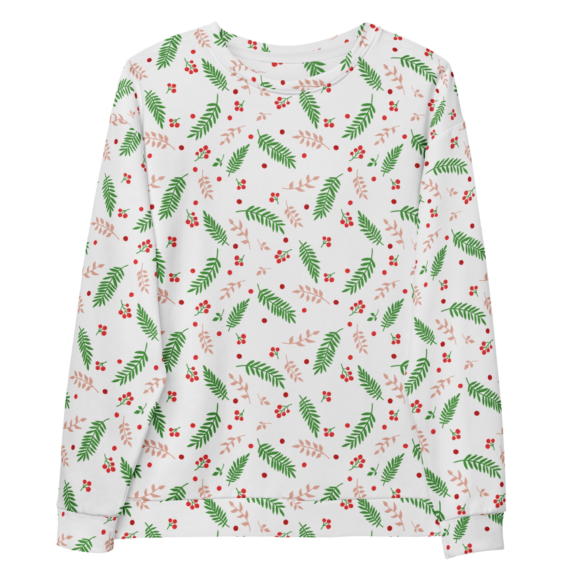 White long-sleeved holly berry christmas sweatshirt with green ferns pink leaves red berries and brushed inner fleece fabric