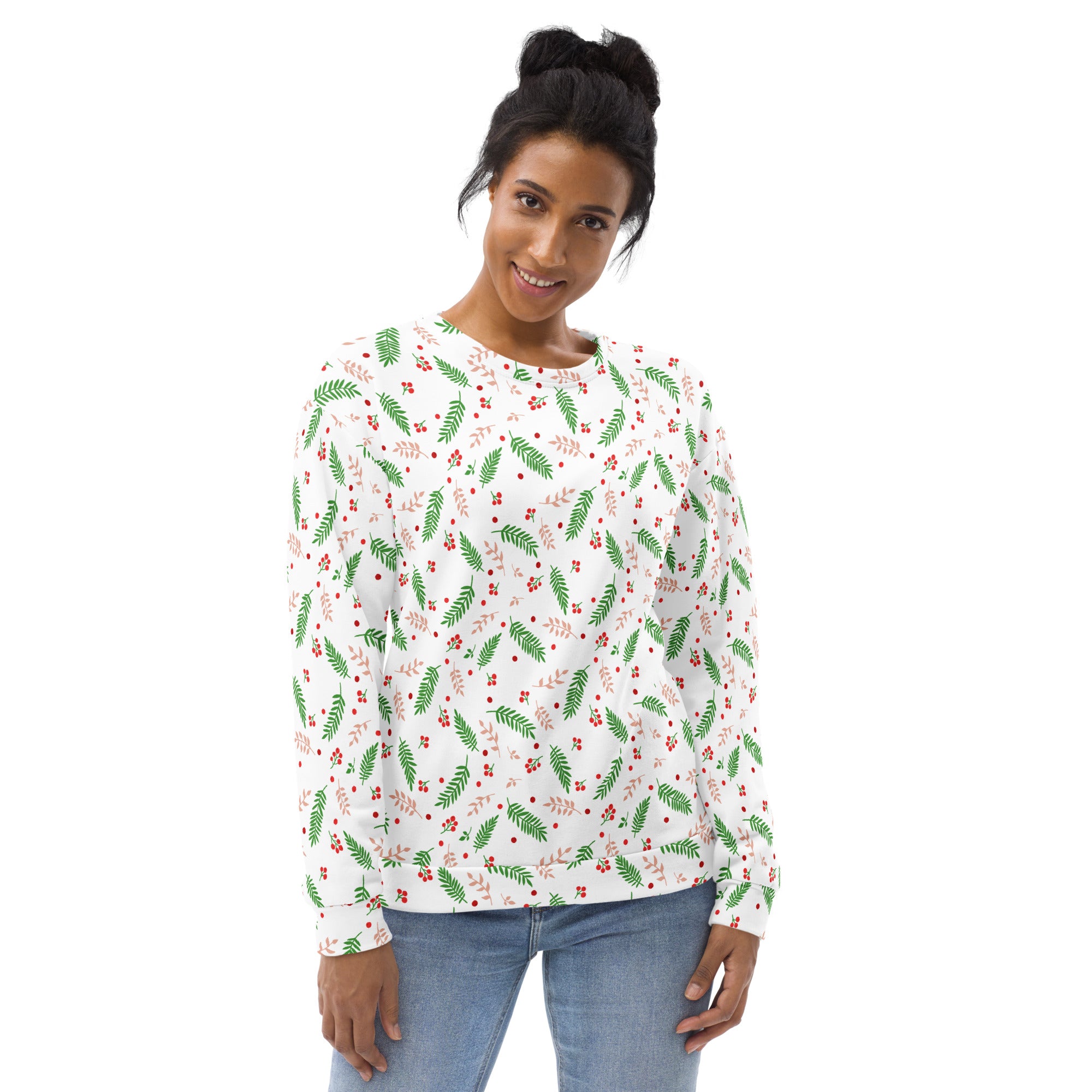White long-sleeved holly berry christmas sweatshirt with green fern red berry print and brushed inner fleece fabric