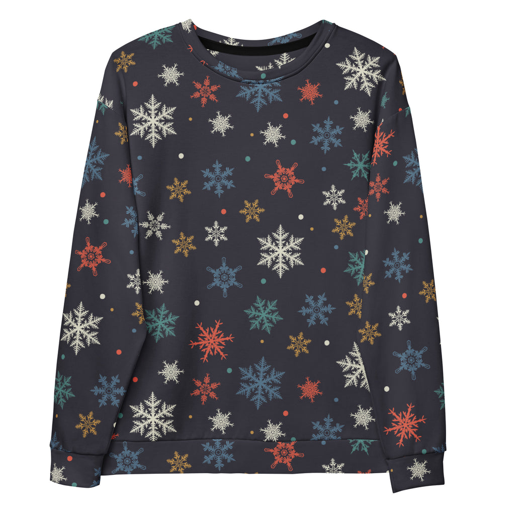 Dark gray sweatshirt with colorful snowflake pattern in white red blue and gold featuring brushed inner fleece fabric