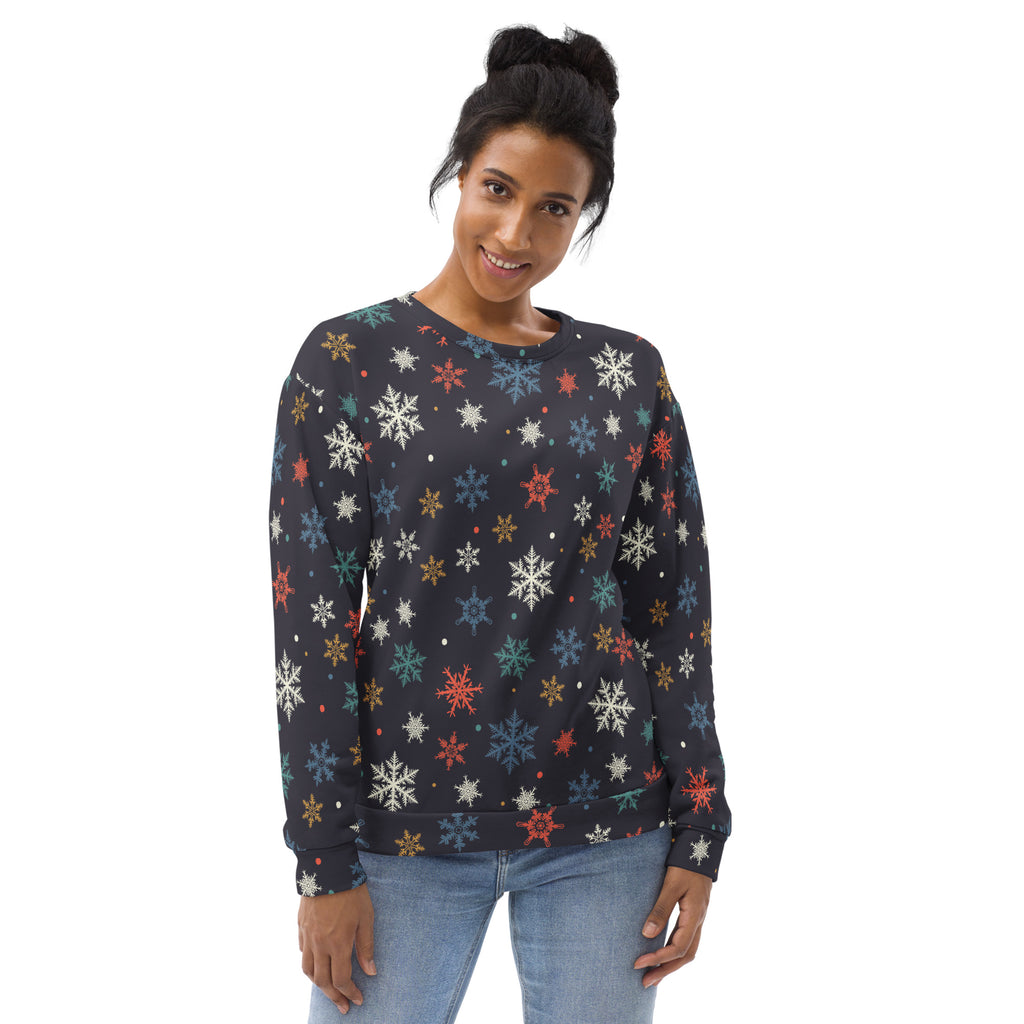 Black color colorful snowflake christmas sweatshirt with multicolored snowflakes and brushed inner fleece fabric