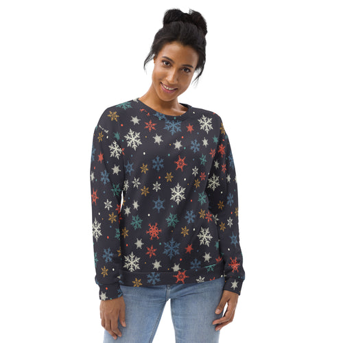Black color colorful snowflake christmas sweatshirt with multicolored snowflakes and brushed inner fleece fabric