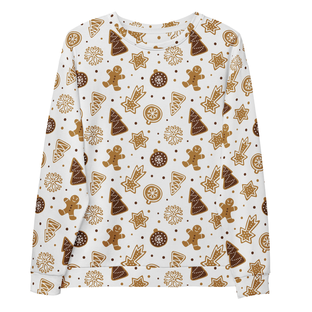 White long-sleeved gingerbread cookie christmas sweatshirt with brown festive pattern and brushed inner fleece fabric