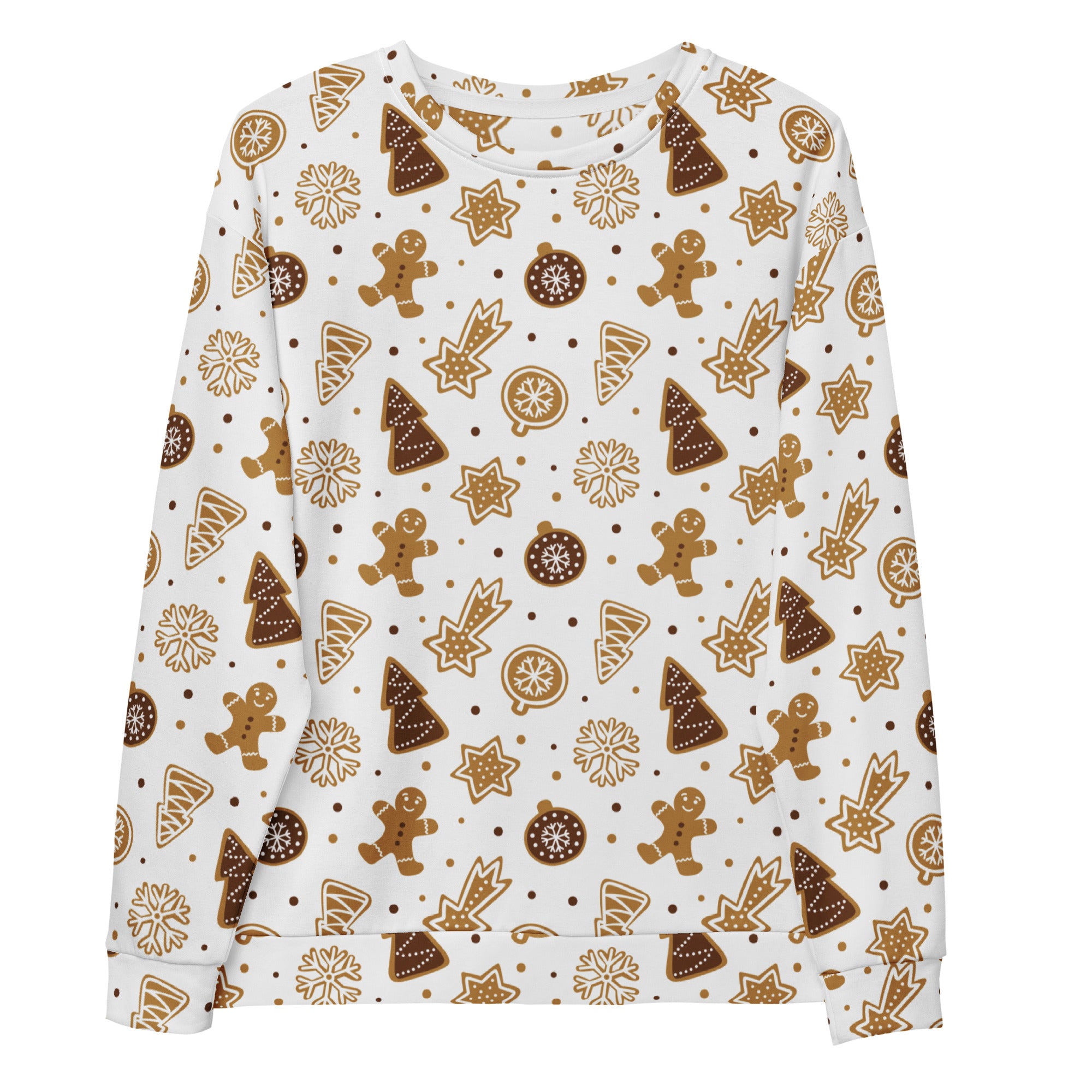 White long-sleeved gingerbread cookie christmas sweatshirt with brown festive pattern and brushed inner fleece fabric