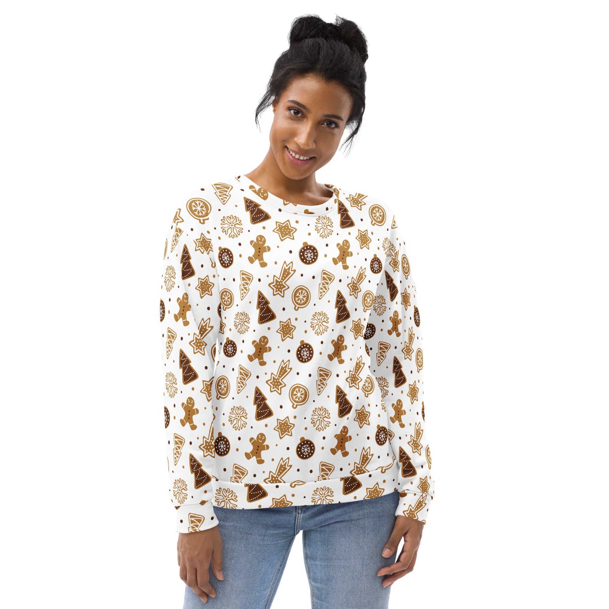 White long-sleeved gingerbread cookie christmas sweatshirt with festive pattern and brushed inner fleece fabric