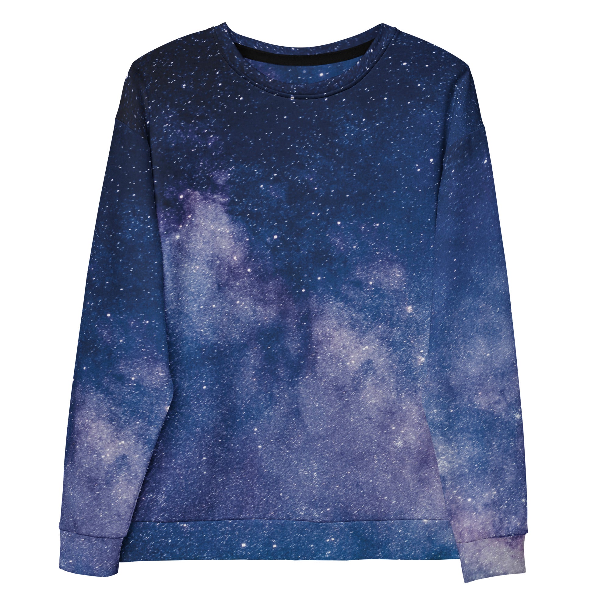 A long-sleeved sweatshirt with a cosmic galaxy print in blues and purples featuring brushed inner fleece fabric