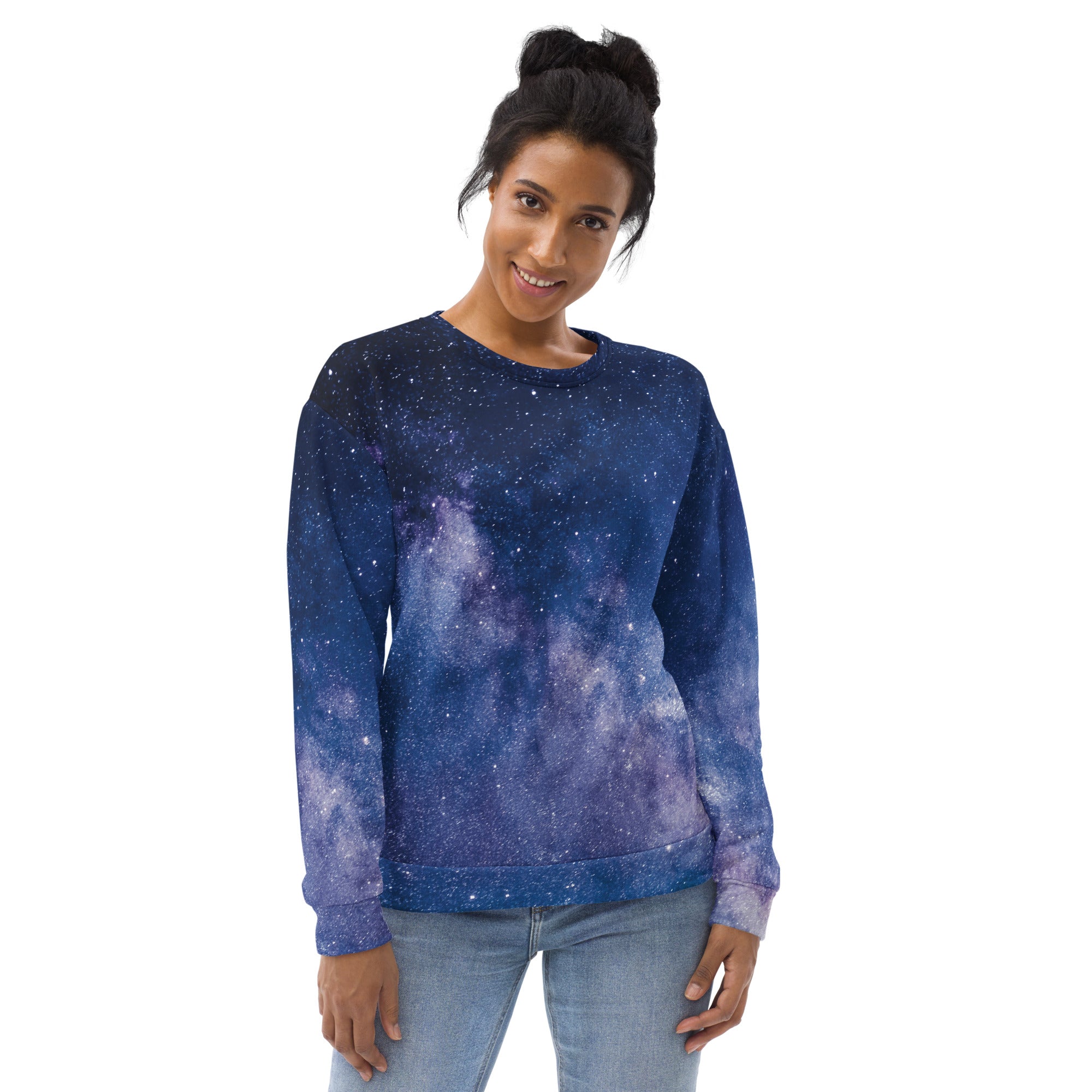 Navy blue and purple galaxy-themed long-sleeved sweatshirt with brushed inner fleece fabric and soft textured material