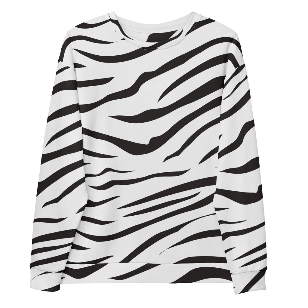 White long-sleeved sweatshirt with bold black zebra stripe pattern and brushed inner fleece fabric