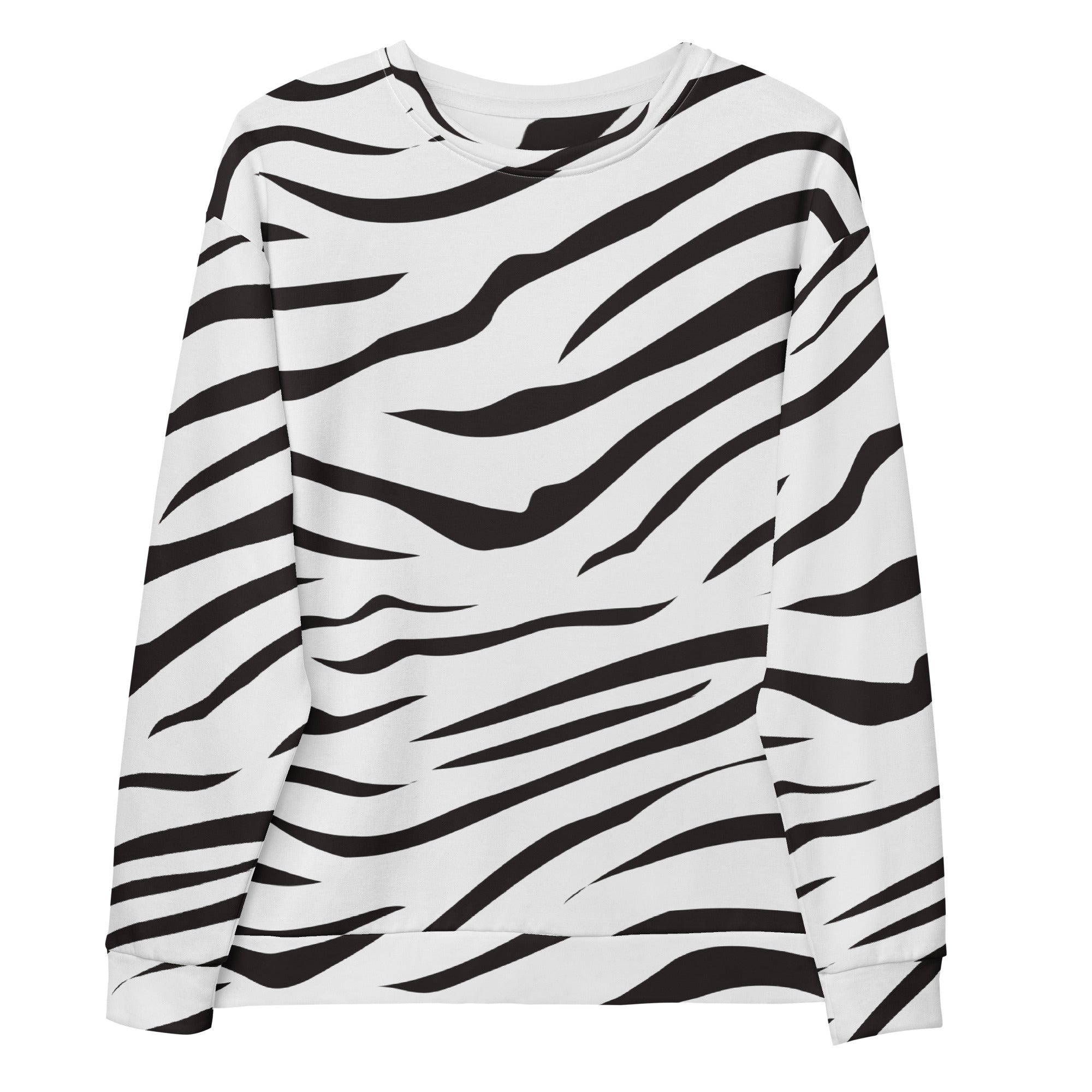 White long-sleeved sweatshirt with bold black zebra stripe pattern and brushed inner fleece fabric