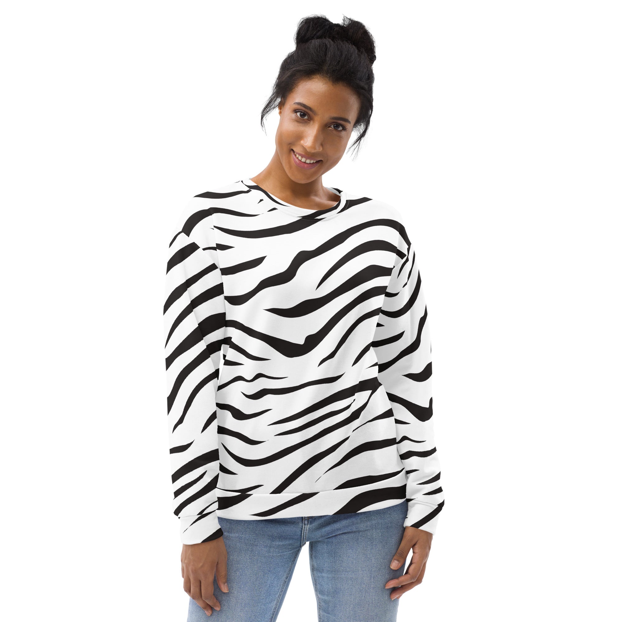 A black and white zebra print long-sleeved sweatshirt with brushed inner fleece fabric and a relaxed fit